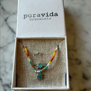 Pura Vida beaded sun choker, ring and tiny ear cuff. Silver and turquoise colors